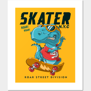 cool dinosaur playing skateboarding Posters and Art